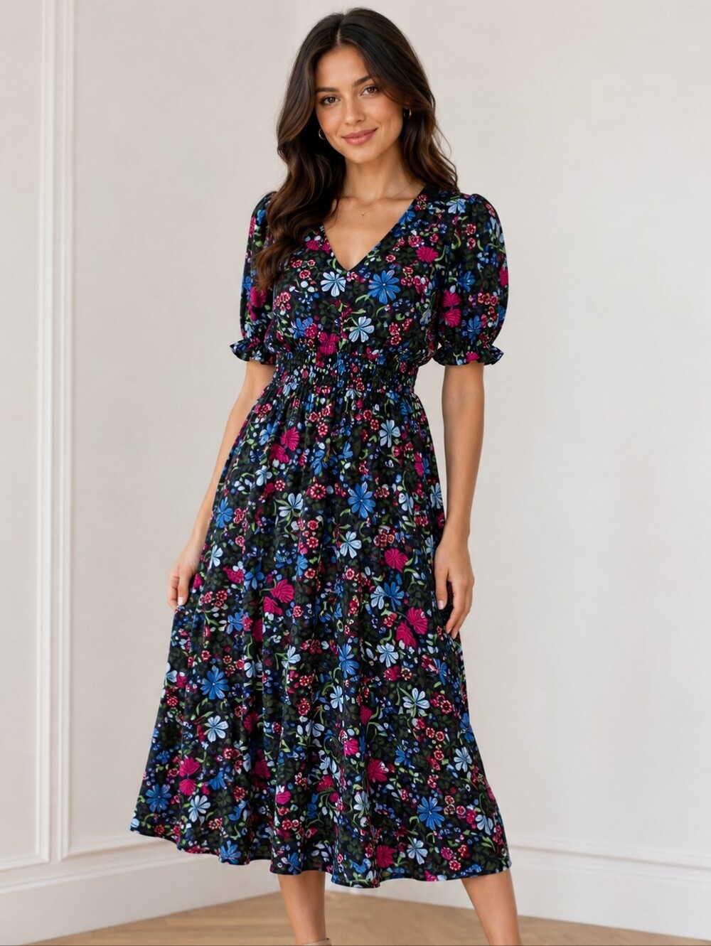 Draper James Mettalic Midi Dress Blue Floral Multi Ruffle Sleeve Size Small NWT
